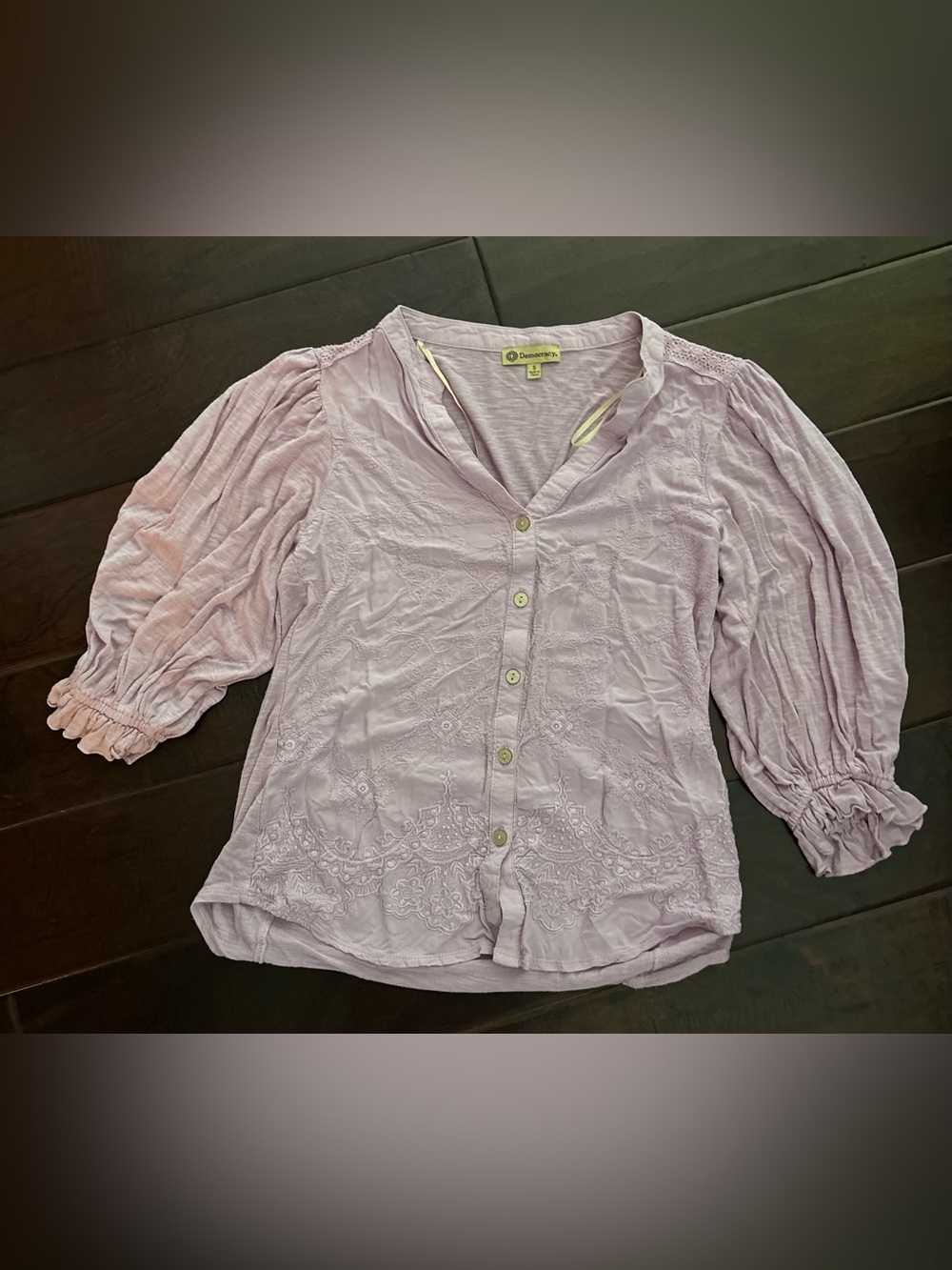Democracy Lavender Embroidered Button-Down Blouse - Size Small
